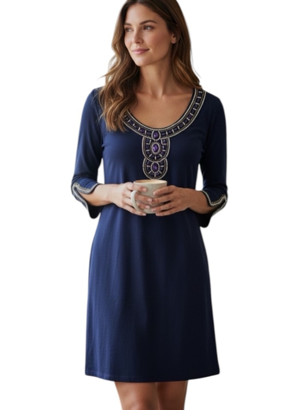 Lilly Pulitzer Sz M Sarah Embellished Sleeves Neckline Navy Blue Gold  | EUC